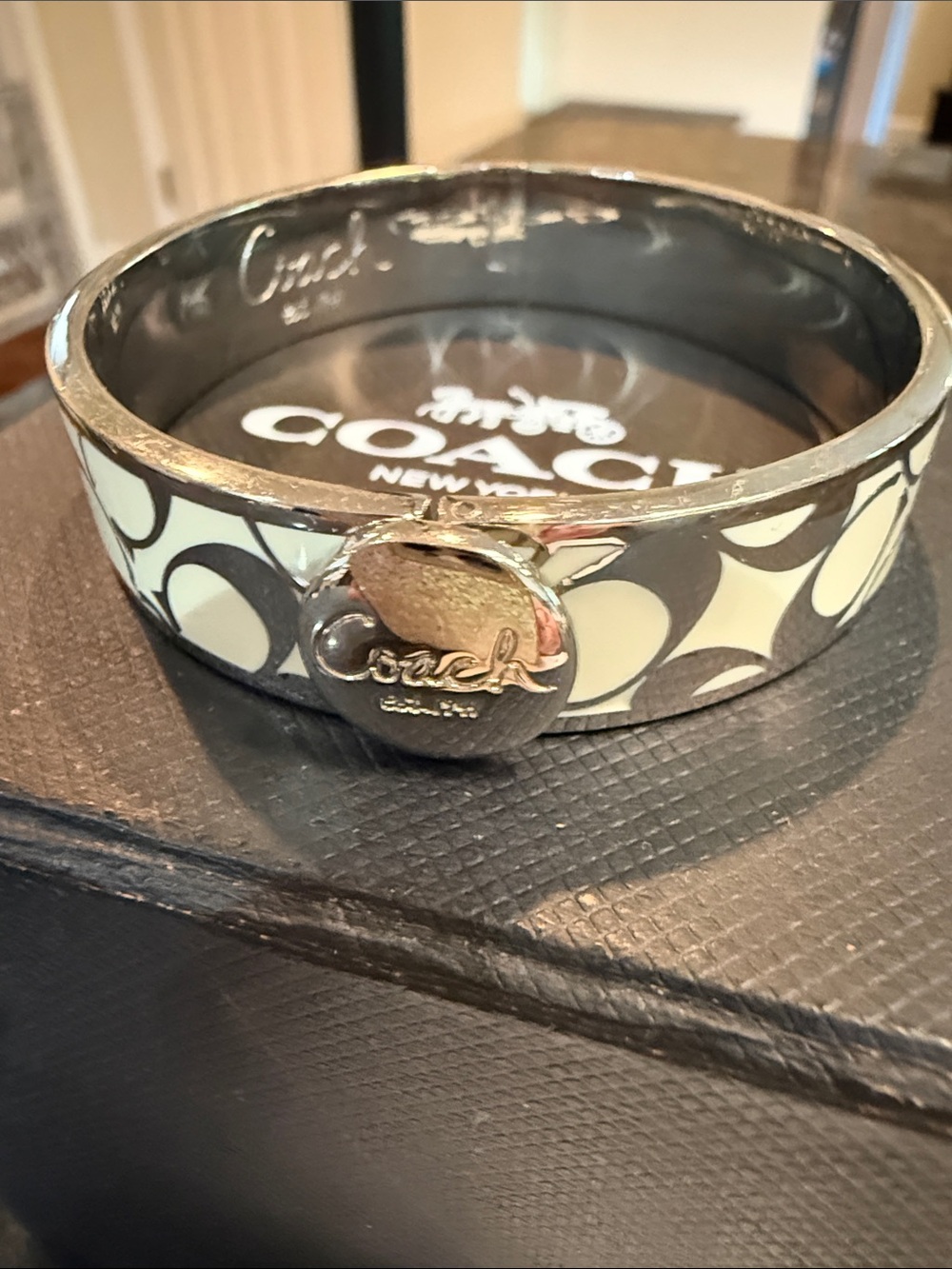 Coach Quilted Enamel Bangle Bracelet in Cream & Black With Box and Bag